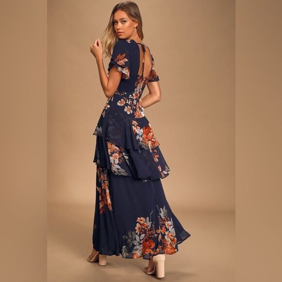 Lulus Midnight Mood Navy Blue Floral Print Tiered Maxi Dress Size Small NEW - Picture 11 of 13